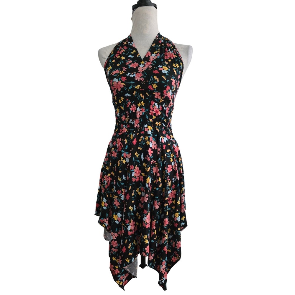 Floral Halter Dress Black Smocked Waist Handkerchief Hem Summer Sun Dress Womens